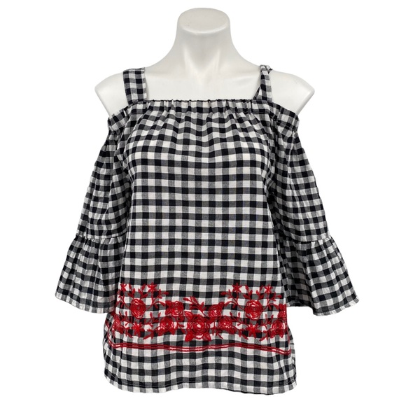 Harlow & Rose Tops - Harlow & Rose Gingham Floral Embroidered Off Shoulder Top Small